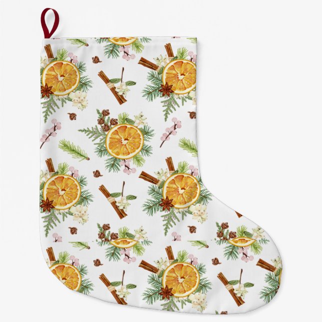 Green Orange Floral Christmas Holiday Gift Large Christmas Stocking (Front)