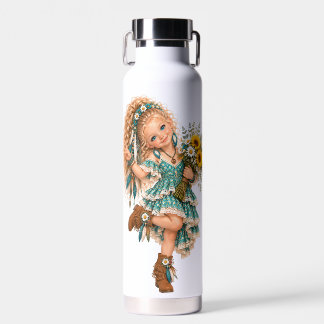 Green&Orange Flower Child Boho Girl Water Bottle