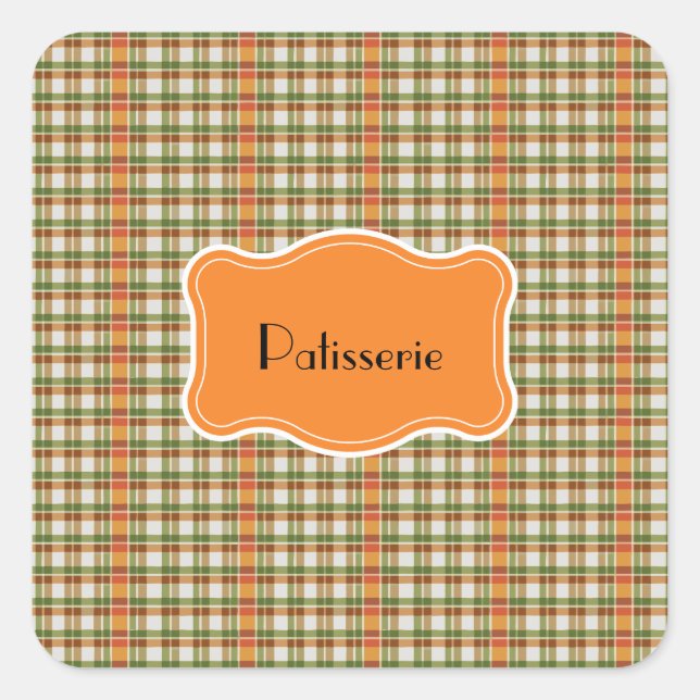 Green Orange Gingham Square Sticker (Front)