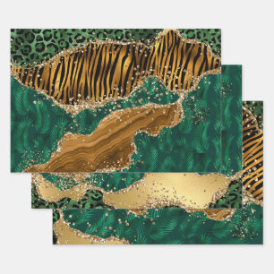 Green & Orange & Gold Glitter Jungle Safari Agate Wrapping Paper Sheet