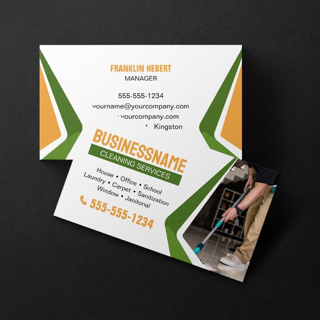 Green & Orange House Cleaning Office Cleaning Maid Business Card (Creator Uploaded)