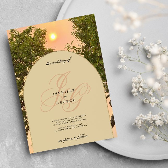 Green orange ivory sunset monogram initial wedding invitation (Green orange ivory sunset monogram initials wedding )