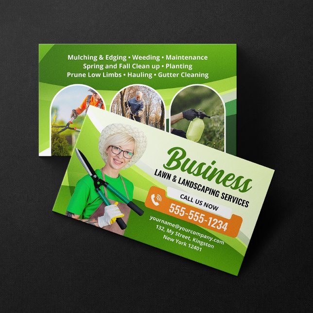 Green, Orange Landscaping Lawn Care Mowing Service Business Card (Creator Uploaded)