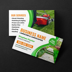 Green & orange Lawn Landscaping Mowing Service Business Card