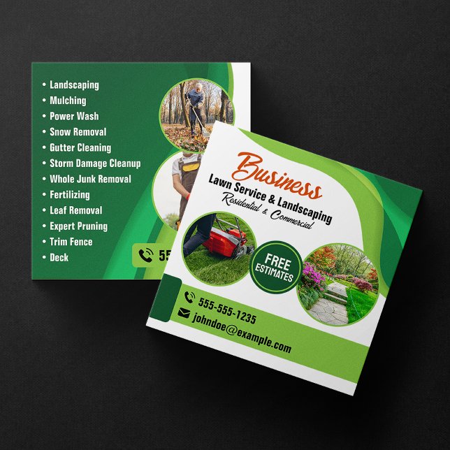 Green & Orange Lawncare Landscaping & Lawn Service Square Business Card (Creator Uploaded)