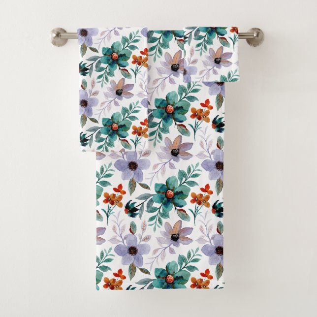 Green Orange Lilac Blush Floral Pattern Bath Towel Set (Insitu)