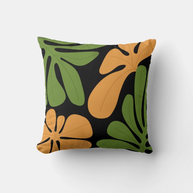 Green & Orange Modern Abstract Floral Cushion (Front)