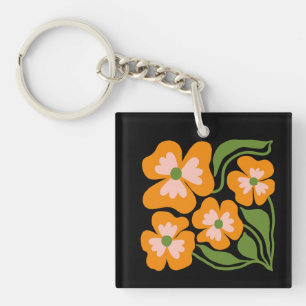 Green & Orange Modern Abstract Floral Key Ring