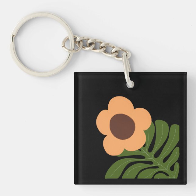 Green & Orange Modern Abstract Floral Key Ring (Front)