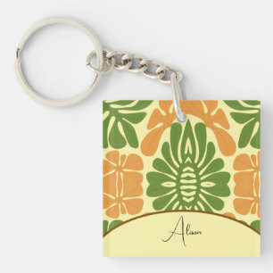 Green & Orange Modern Abstract Floral Key Ring
