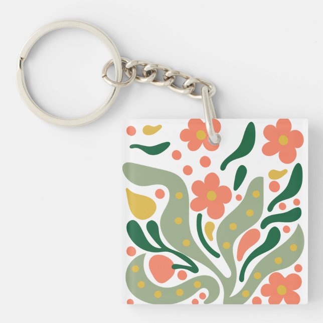 Green & Orange Modern Abstract Floral Key Ring (Front)