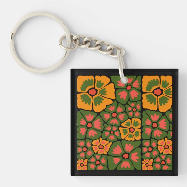 Green & Orange Modern Abstract Floral Key Ring (Front)