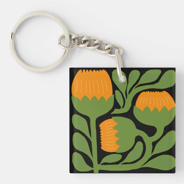 Green & Orange Modern Abstract Floral Key Ring (Front)