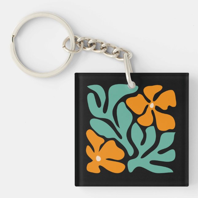 Green & Orange Modern Abstract Floral Key Ring (Front)