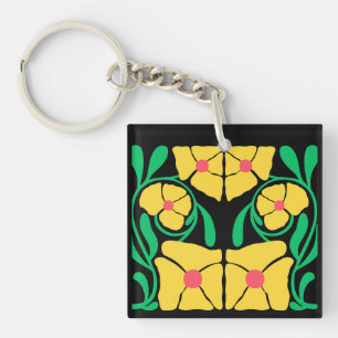 Green & Orange Modern Abstract Floral Key Ring