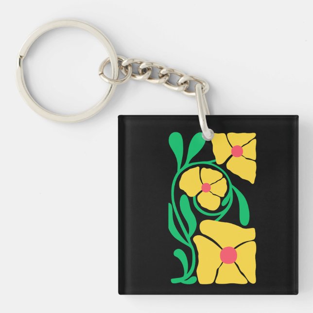 Green & Orange Modern Abstract Floral Key Ring (Front)