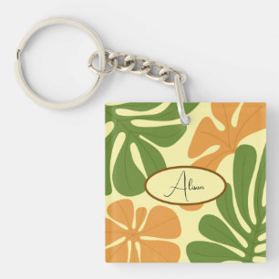 Green & Orange Modern Abstract Floral Key Ring