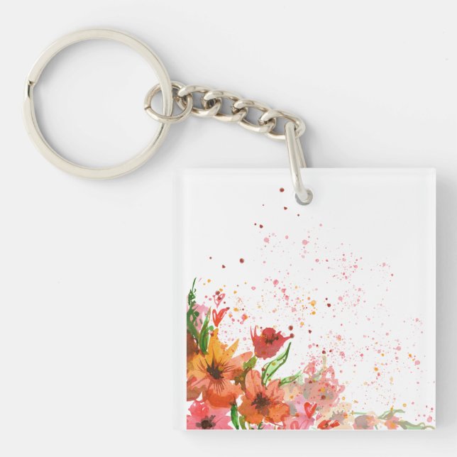 Green & Orange Modern Abstract Floral Key Ring (Front)