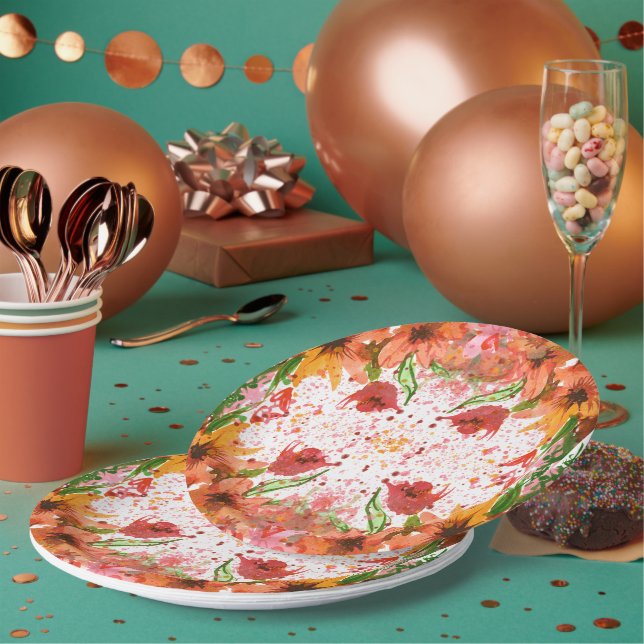 Green & Orange Modern Abstract Floral Paper Plate (Multi)