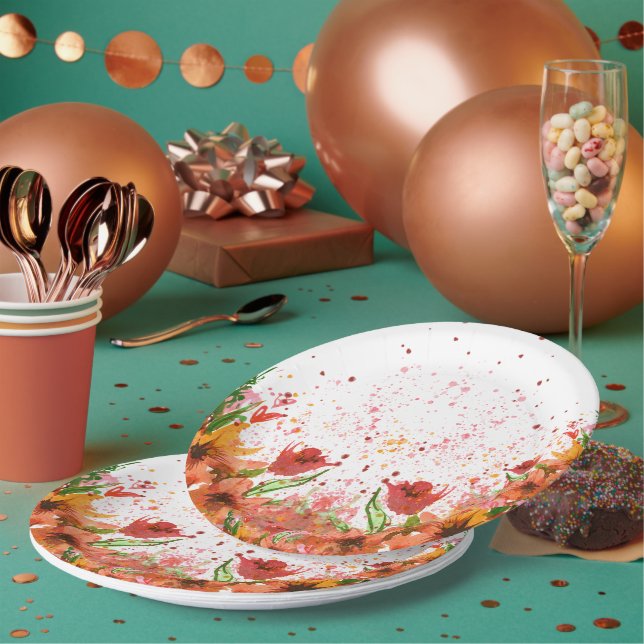 Green & Orange Modern Abstract Floral Paper Plate (Multi)