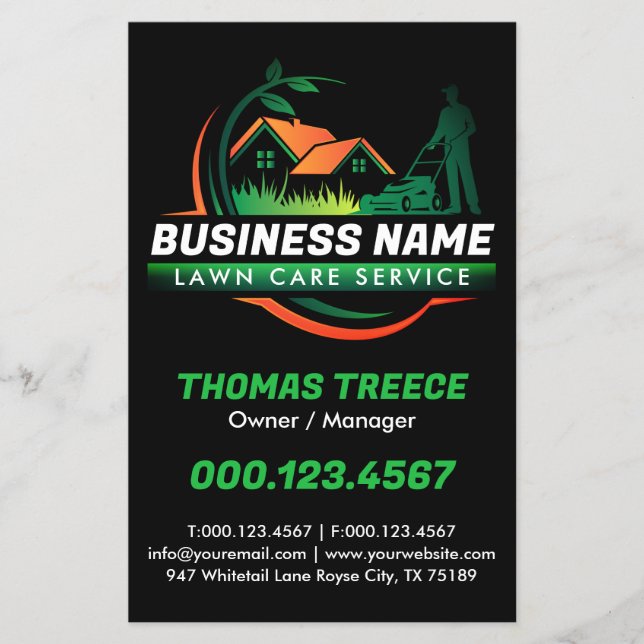 Green Orange Modern Lawn Care Landscaping Service Flyer (Front)