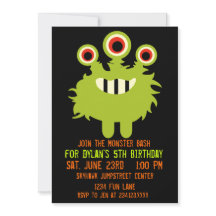 Green Orange Monster Birthday Party Invitations