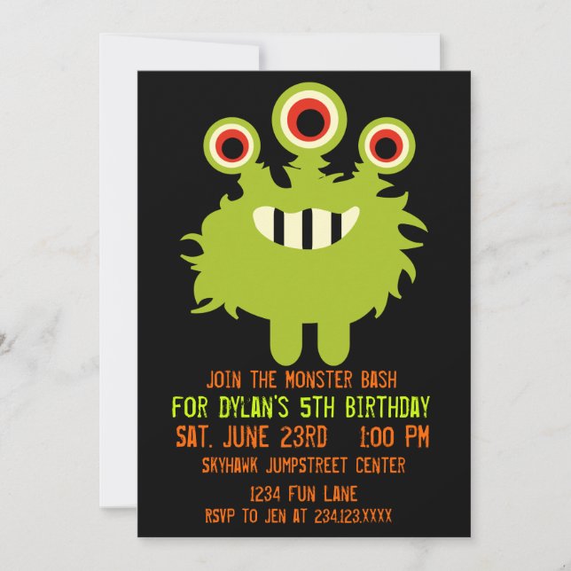 Green Orange Monster Birthday Party Invitations (Front)