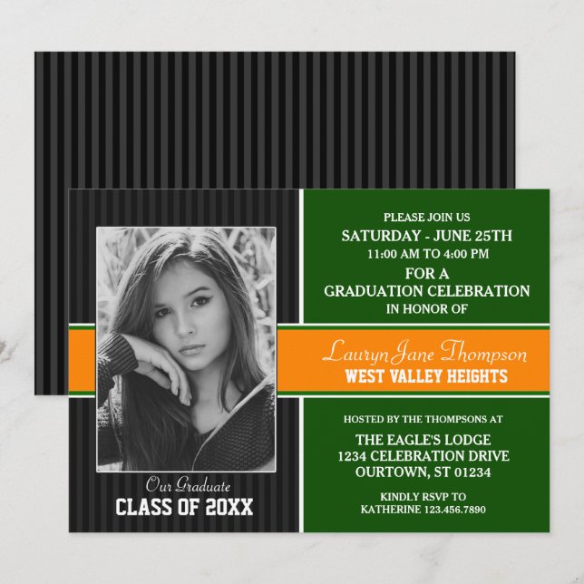 Green|Orange Photo Graduation Party Invitation (Front/Back)