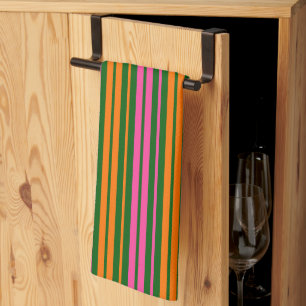 Green Orange Pink Vertical Stripes Design   Tea Towel
