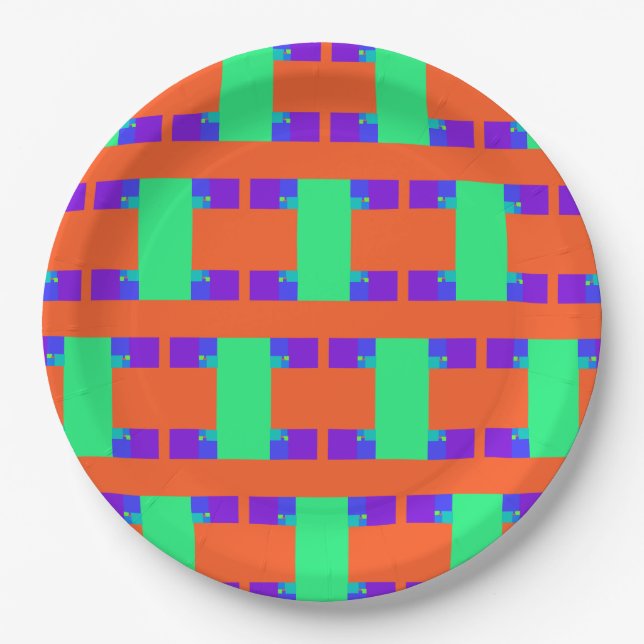 green orange purple abstract art pattern   paper plate (Front)