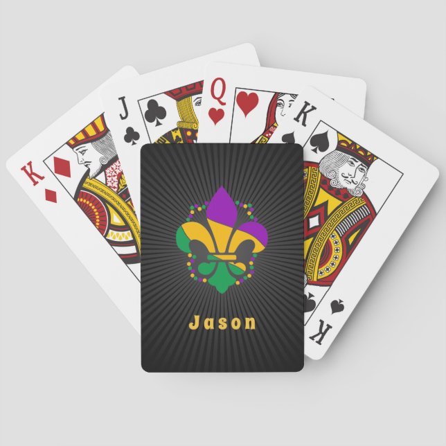 Green Orange Purple Fleur de Lis Mardi Gras & Name Playing Cards (Back)