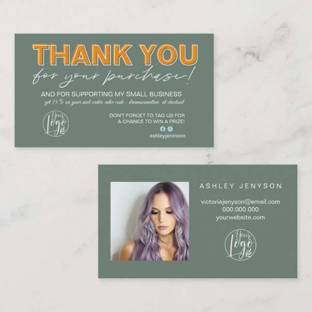 Green orange script photo logo order thank you business card (Front/Back)