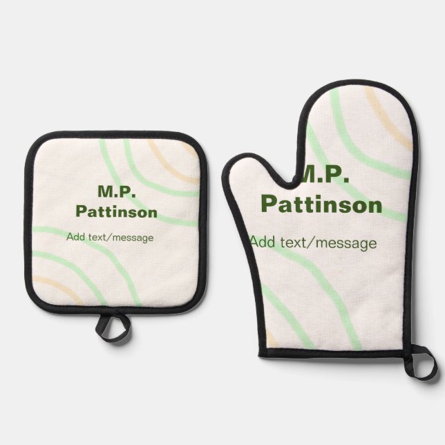 Green orange stripes add name text message simple  oven mitt & pot holder set (Front)