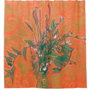 Green & Orange  Summer Wildflowers Floral Painting Shower Curtain