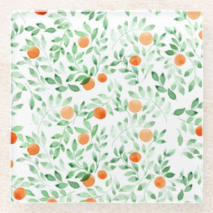 Green Orange Tangerine Provence Watercolor Glass Coaster