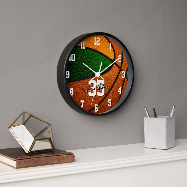 green orange team colours basketball sports decor clock (Office)