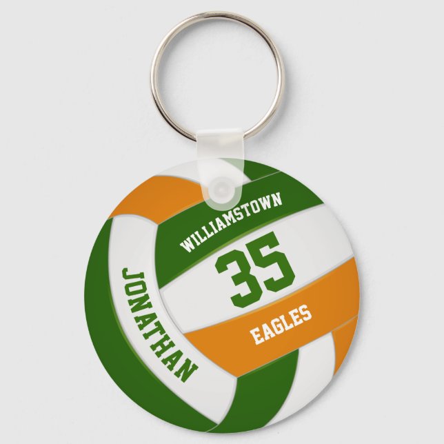 green orange team colours boys girls volleyball key ring (Front)