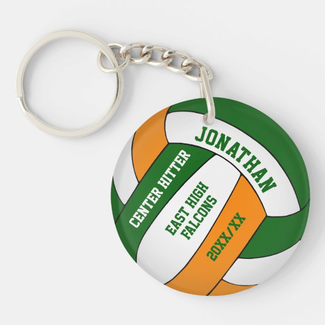 green orange team colours custom boys volleyball key ring (Front)