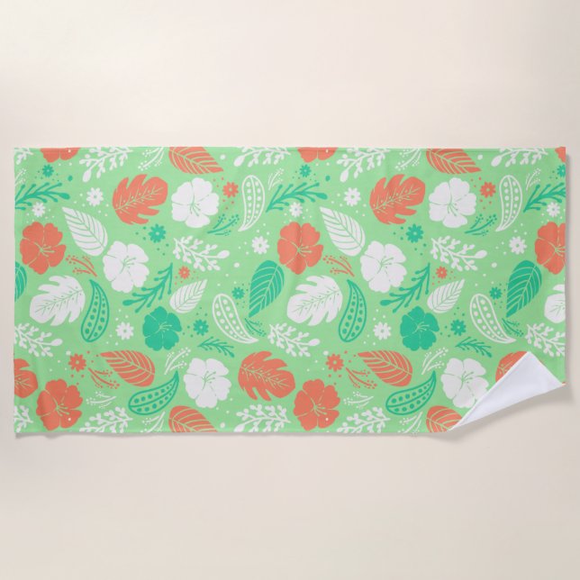Green & Orange Tropical Foliage Pattern Beach Towel (Front)