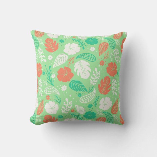 Green & Orange Tropical Foliage Pattern Cushion (Front)