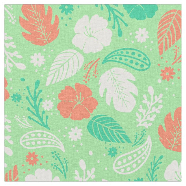 Green & Orange Tropical Foliage Pattern Fabric (Close Up)