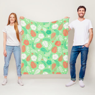 Green & Orange Tropical Foliage Pattern Fleece Blanket