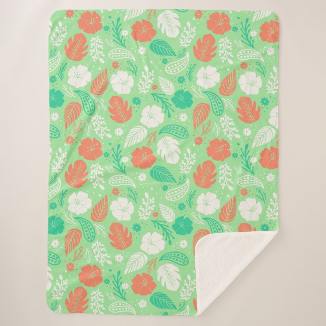 Green & Orange Tropical Foliage Pattern Sherpa Blanket (Front)