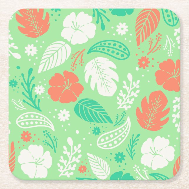 Green & Orange Tropical Foliage Pattern Square Paper Coaster (Front)