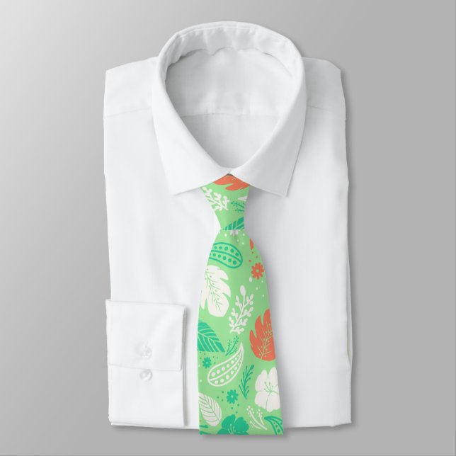 Green & Orange Tropical Foliage Pattern Tie (Tied)