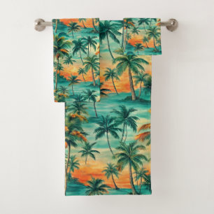 GREEN & ORANGE TROPICAL SUNSET SCENE BATH TOWEL SET