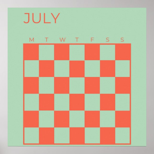 Green Orange Undated Chequered July Calendar Poster (Front)