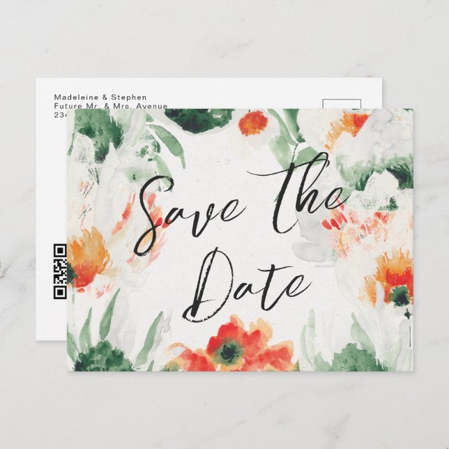 Green & orange Wildflowers QR Code Save the Date Announcement Postcard (Front/Back)