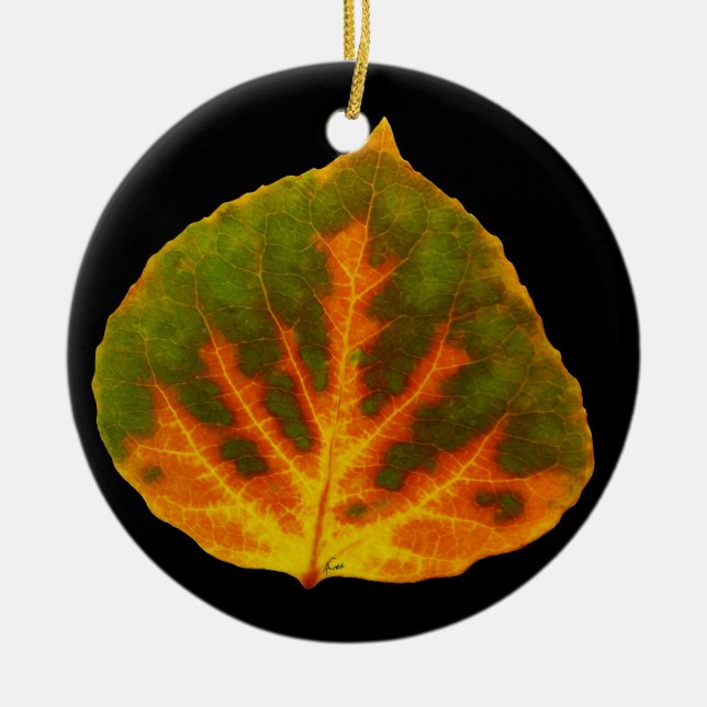 Green Orange & Yellow Aspen Leaf #1 Ceramic Ornament (Front)