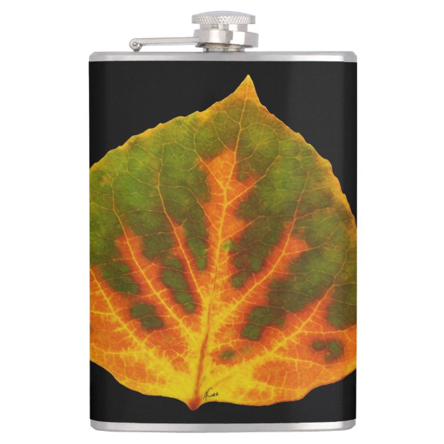 Green Orange & Yellow Aspen Leaf #1 Hip Flask (Front)